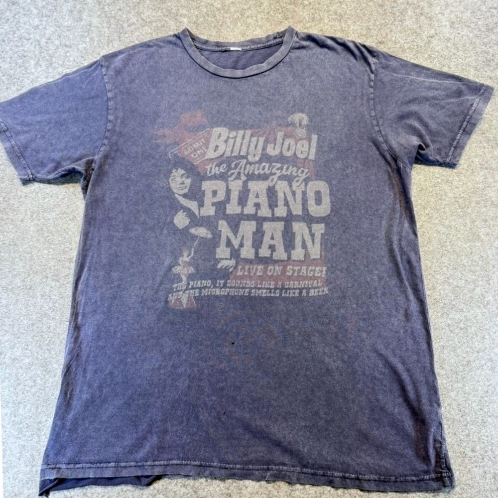 Billy Joel The Amazing Piano Man Graphic T-Shirt Faded Navy Blue Large L Rock
